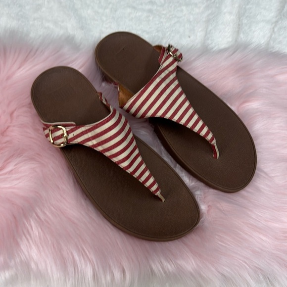 FitFlop The Skinny Sandals Flip Flops Wedge Casual Striped Red Cream Women 10 - Picture 1 of 4